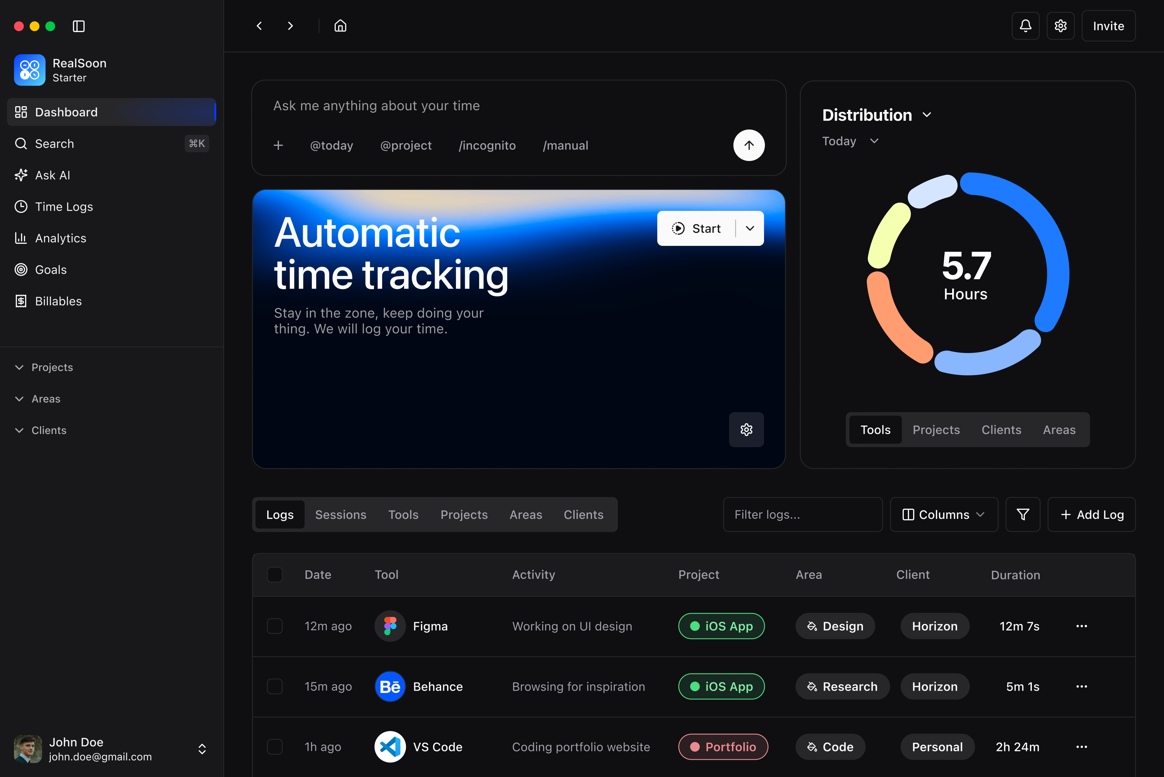 Real Soon automatic time tracking app dashboard showing daily activity timeline, project breakdown, and productivity insights